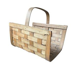 Vtg Split Oak Splint Wood Fireplace Log Kindling Basket Caddy w/Handle 17x15x17h